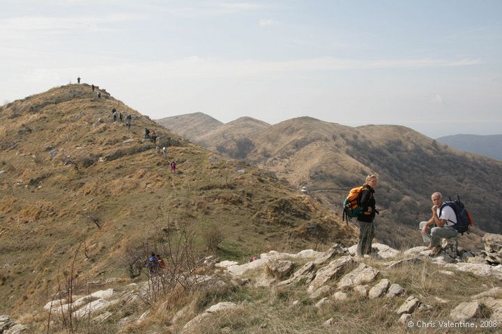 Large numbers of walkers enjoy the sunshine on a regional promotion of trekking on the hills of Liguria
